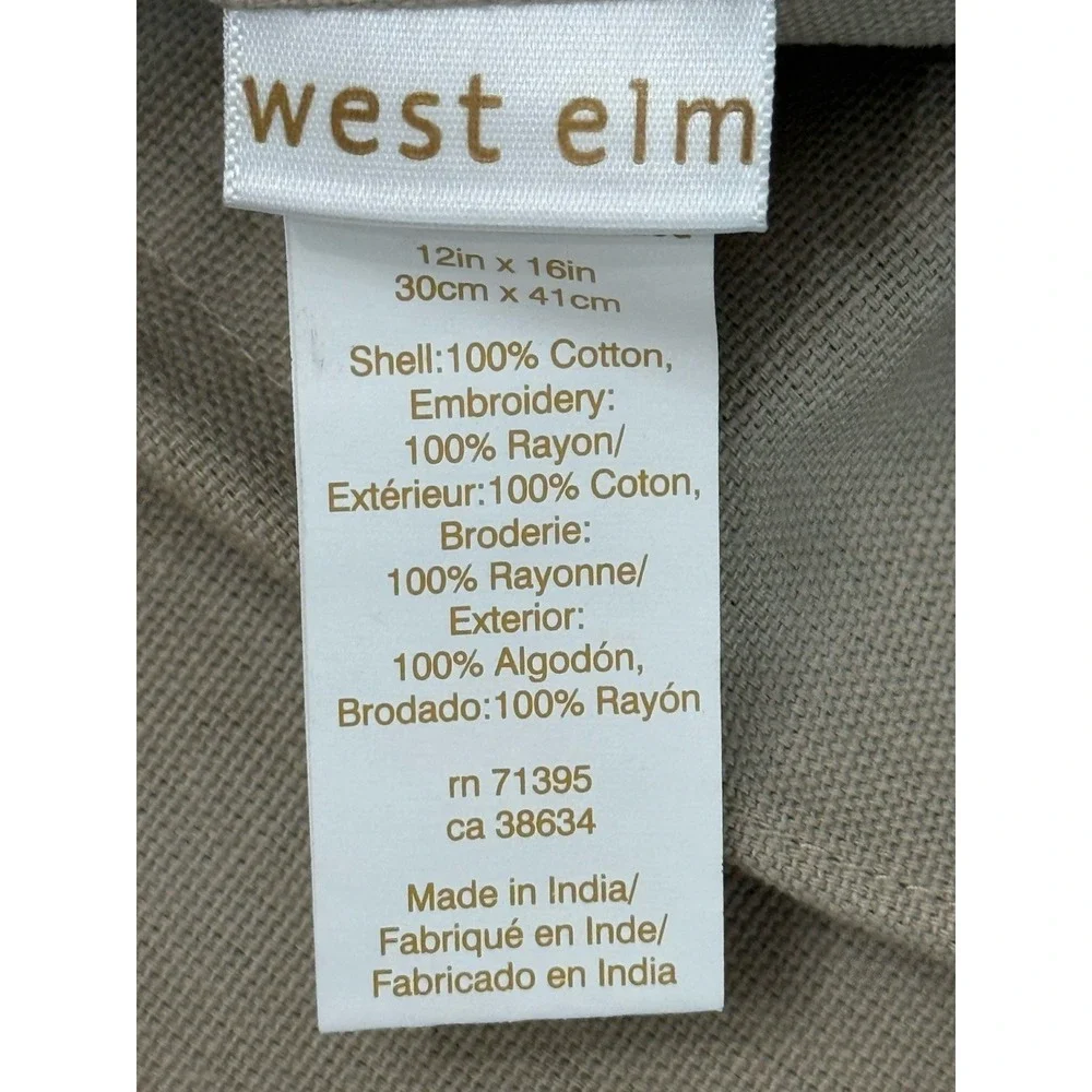 West Elm Throw Pillow Slip Covers Beige Embroidered Wooden Buttons 12x16 Inch‎